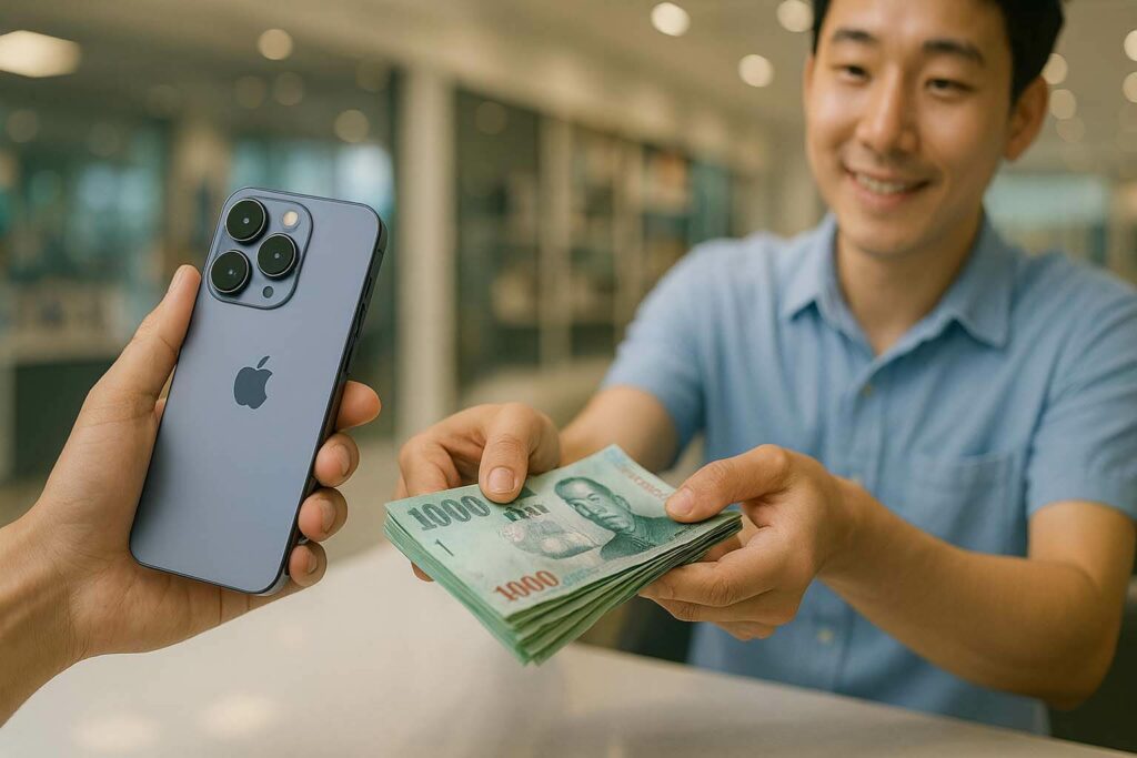 台北手機現金收購現場,顧客以 iPhone 換取新台幣